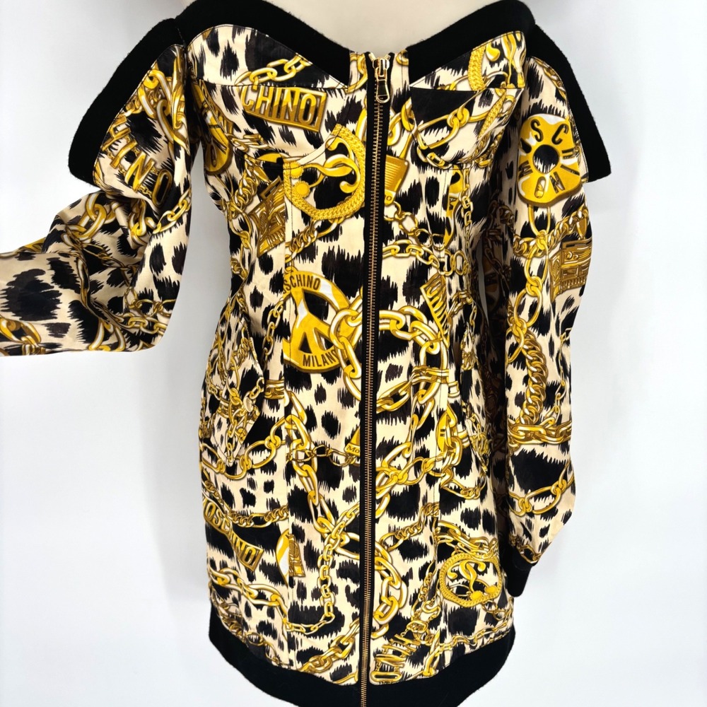 H&M x Moschino Leopard Chain Print Off-the-Shoulder Zip Mini Dress Size 4 36